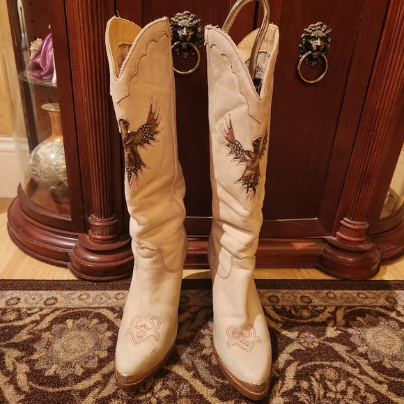 Vintage Zodiak Phoenix Feather Cowgirl Boots. Size 9. Cream Soft Leather - Picture 8 of 10